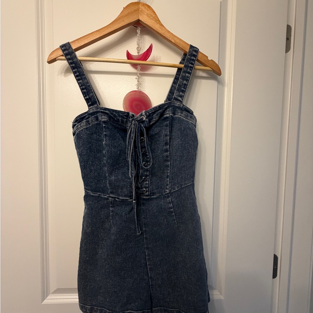 Dark Wash Denim Mini Romper with Front Tie